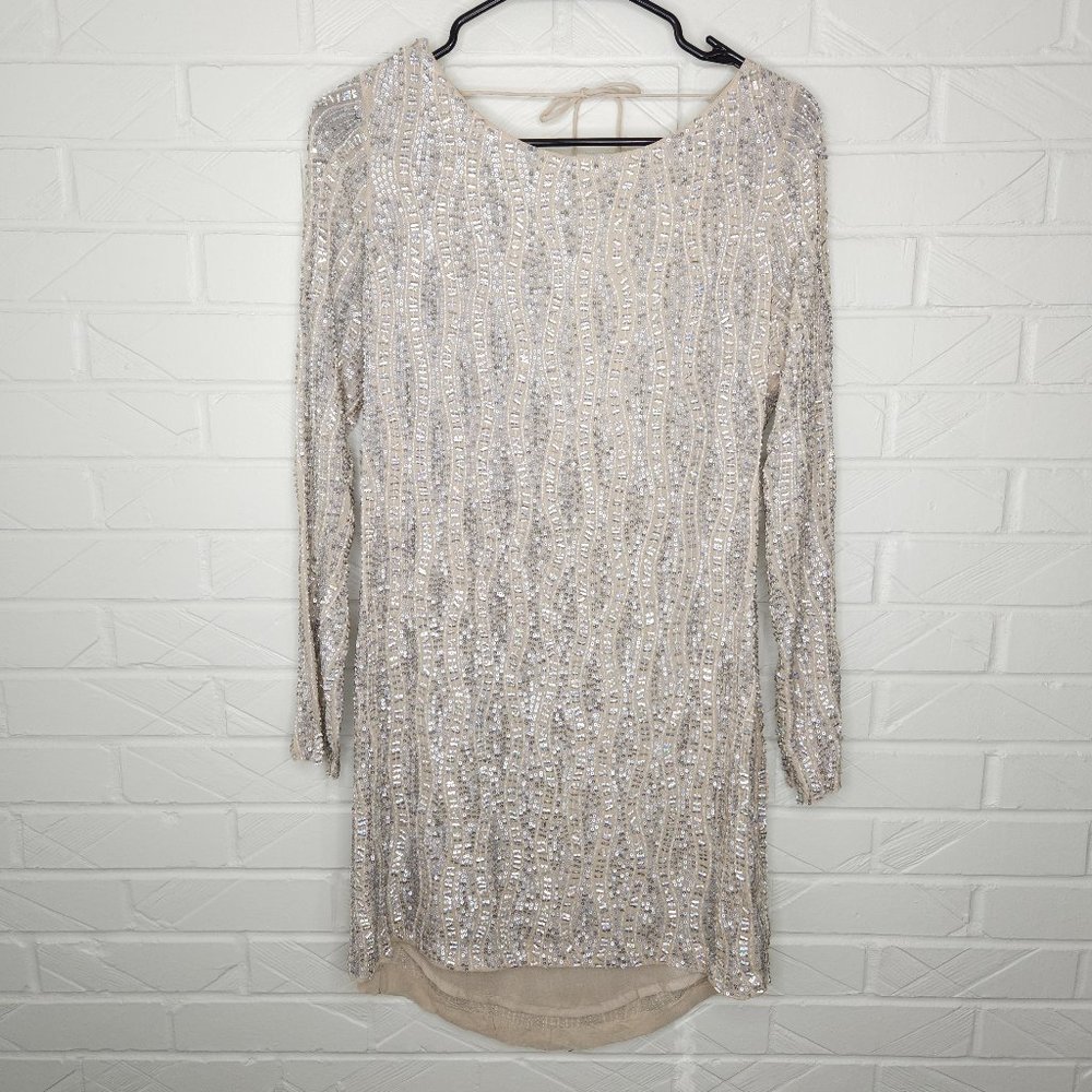 MLV Tyler Ivory Sequined Mini Dress Long Sleeve Backless Fully Beaded Lined S